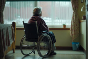 senior woman in a wheelchair in nursing home