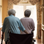 Two senior citizens walking at a nursing home; a wheelchair can be seen behind them