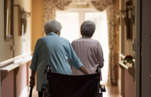 Two senior citizens walking at a nursing home; a wheelchair can be seen behind them